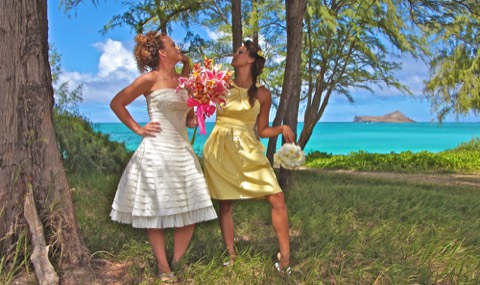 Karissa and her maid of honor making silly faces on the beach