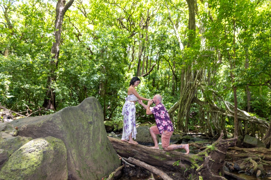 Man kneeling on a fallen log to propose in the Nuuanu rainforest on Oahu