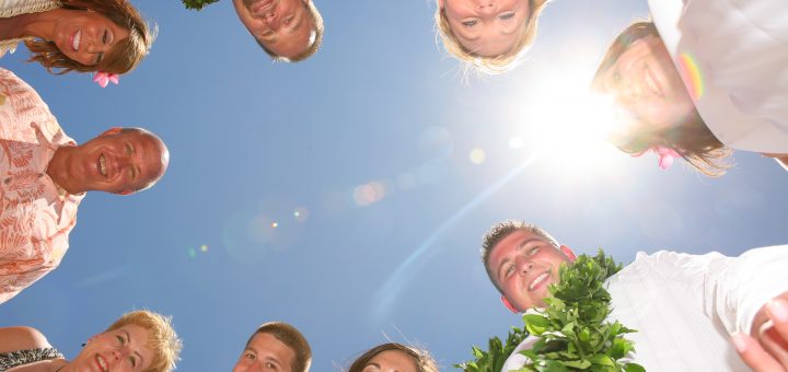 Group photo with the blue sky and sun