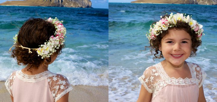 Flower girl at her moms 10 year vow renwal looking out at the ocean