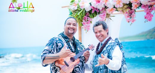 Musician and minister give the shaka sign Hawaii beach wedding photos