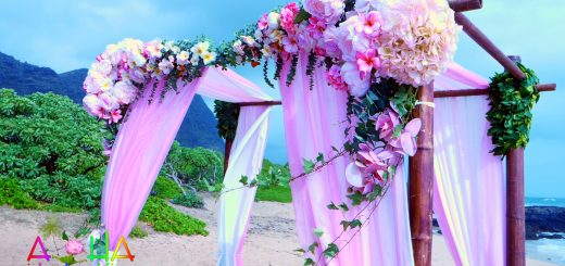 Pink and white gazebo for wedding in Hawaii