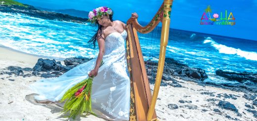 Dewi playing the harp on the beach